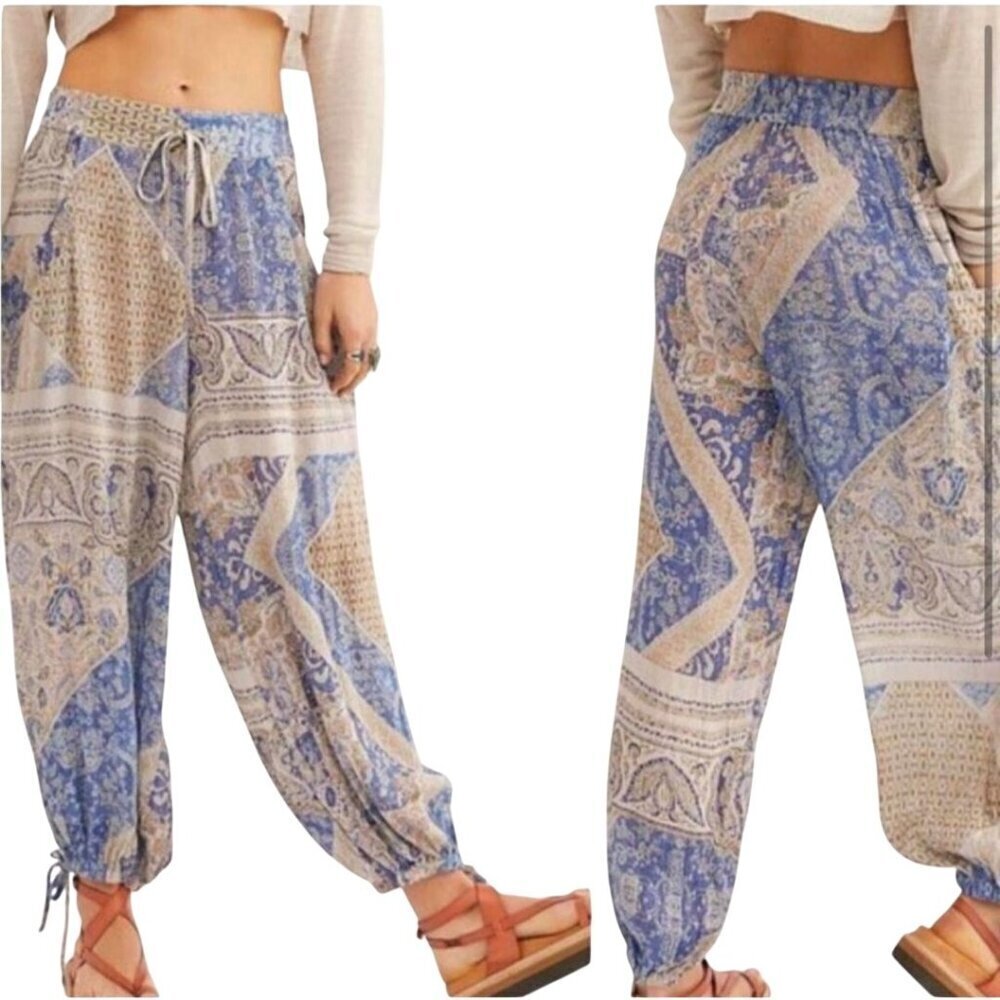 Free People Begonia Balloon Haram Pants Icy Blue Combo Pockets Size S